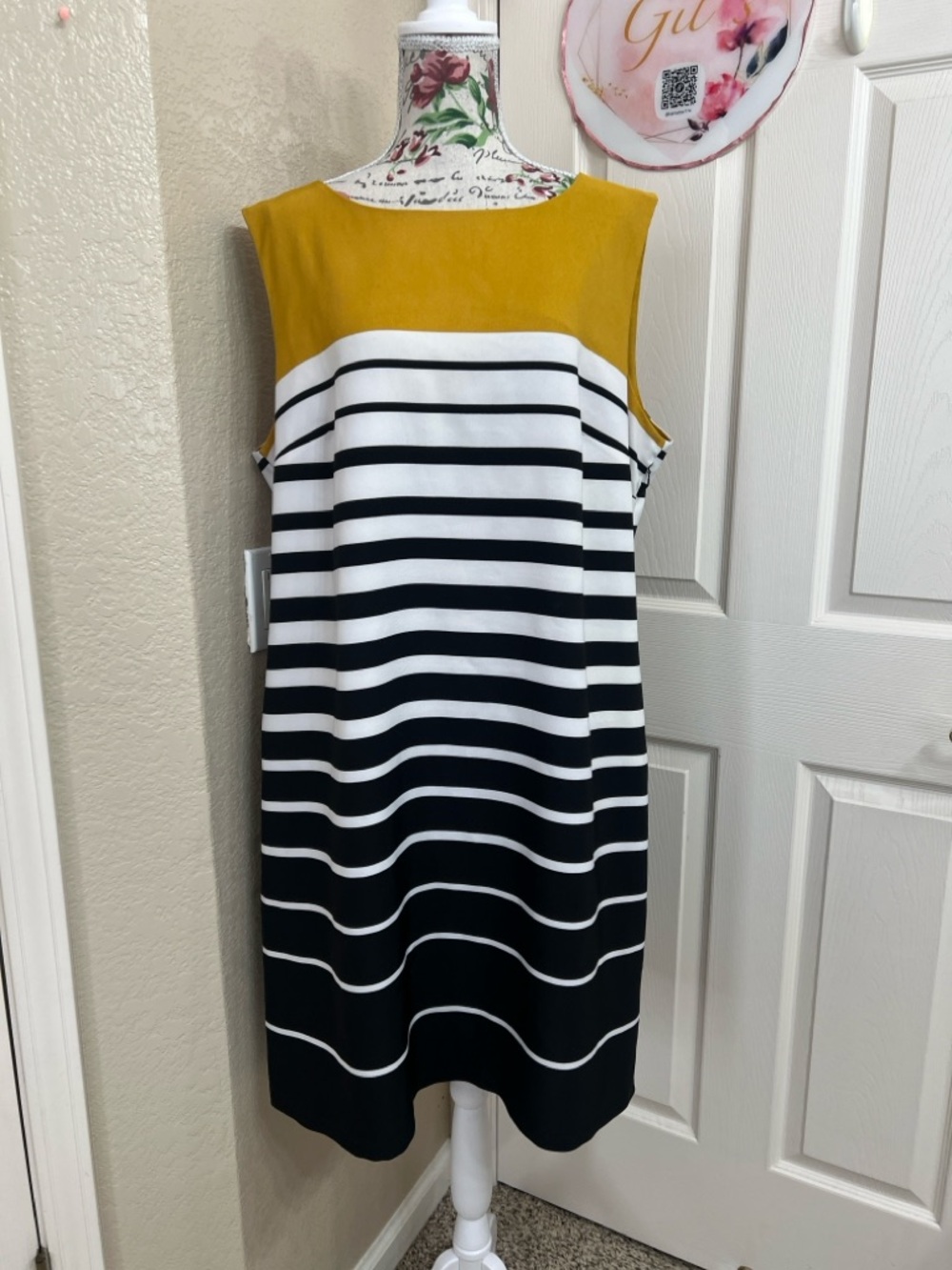 Voir Voir Mustard, Black and White Striped Sleeveless Midi Dress